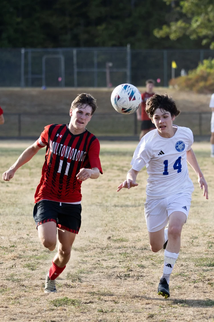 High school soccer players competing for the ball