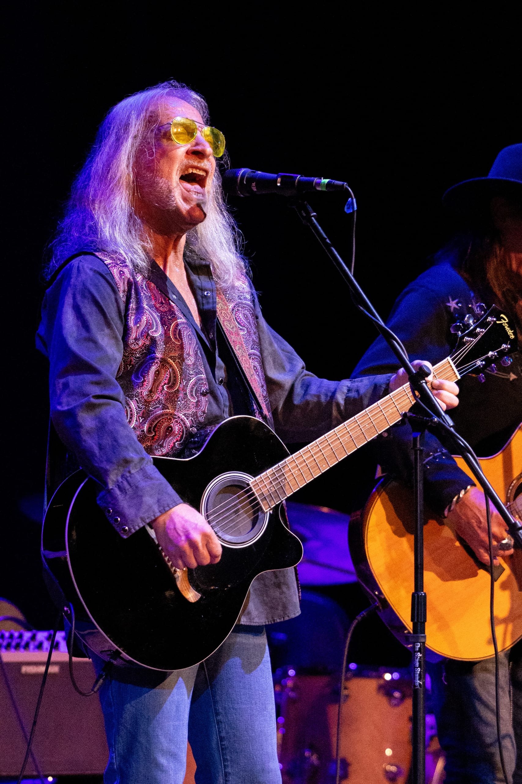 Guitarist singing under purple concert lighting